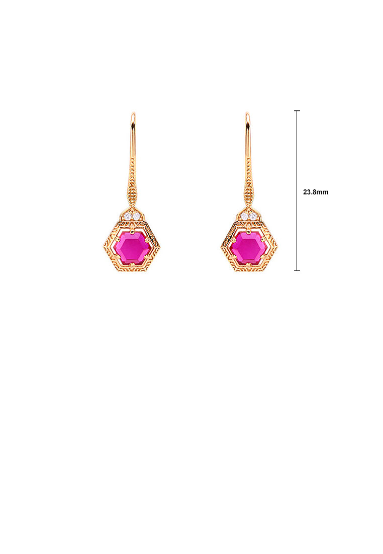 925 Sterling Silver Plated Gold Fashion Simple Geometric Hexagon Earrings with Red Cubic Zirconia - Luxurious Look - Vibrant Color