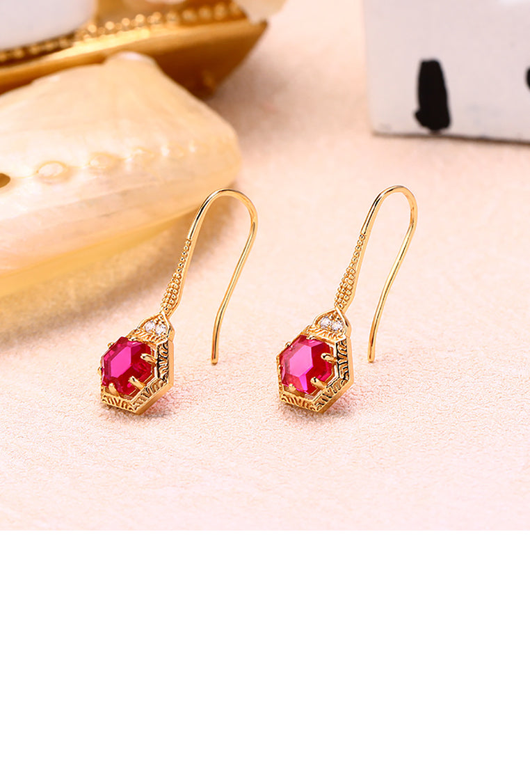 925 Sterling Silver Plated Gold Fashion Simple Geometric Hexagon Earrings with Red Cubic Zirconia - Luxurious Look - Vibrant Color