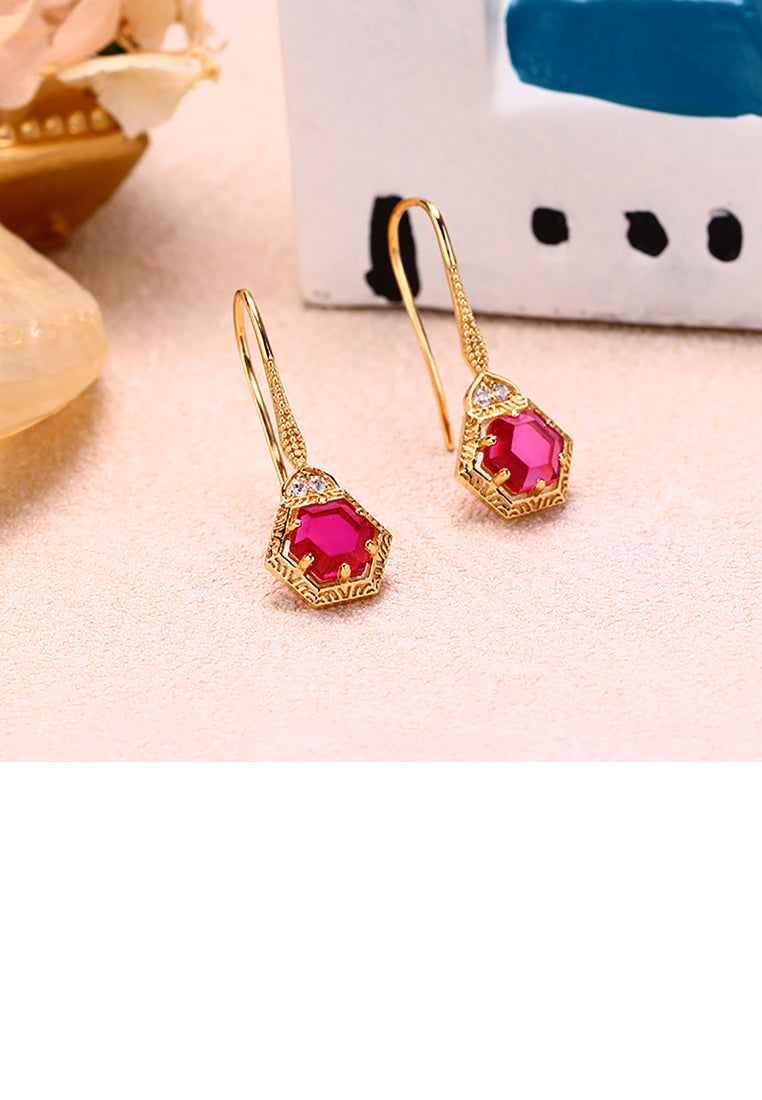 925 Sterling Silver Plated Gold Fashion Simple Geometric Hexagon Earrings with Red Cubic Zirconia - Luxurious Look - Vibrant Color