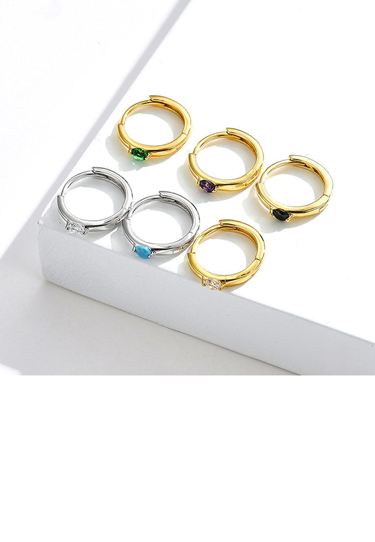 925 Sterling Silver Plated Gold Simple Fashion Geometric Round Stud Earrings with Black Cubic Zirconia - Luxurious Look