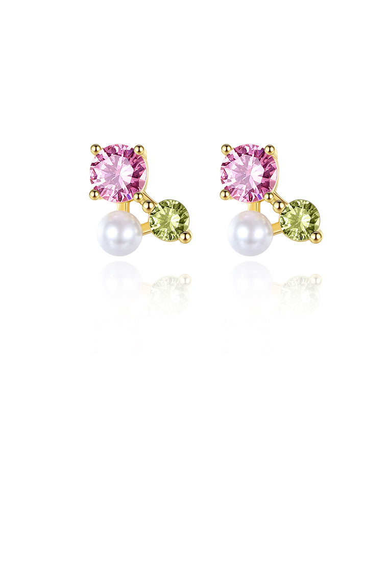 925 Sterling Silver Plated Gold Simple Fashion Geometric Imitation Pearl Stud Earrings with Cubic Zirconia - Luxurious Look
