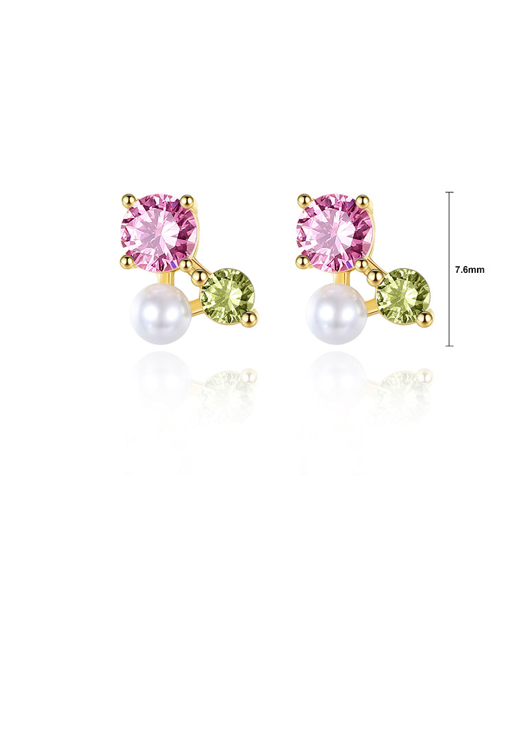 925 Sterling Silver Plated Gold Simple Fashion Geometric Imitation Pearl Stud Earrings with Cubic Zirconia - Luxurious Look
