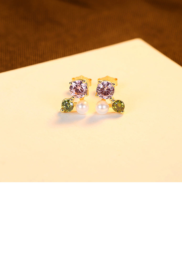 925 Sterling Silver Plated Gold Simple Fashion Geometric Imitation Pearl Stud Earrings with Cubic Zirconia - Luxurious Look