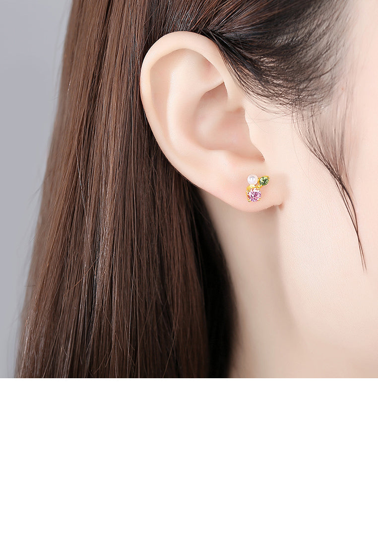 925 Sterling Silver Plated Gold Simple Fashion Geometric Imitation Pearl Stud Earrings with Cubic Zirconia - Luxurious Look