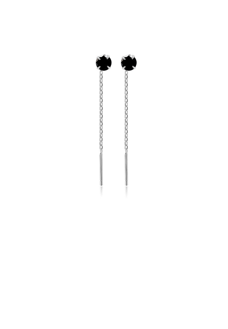 925 Sterling Silver Simple Fashion Geometric Round Tassel Earrings with Black Cubic Zirconia - Luxurious Look