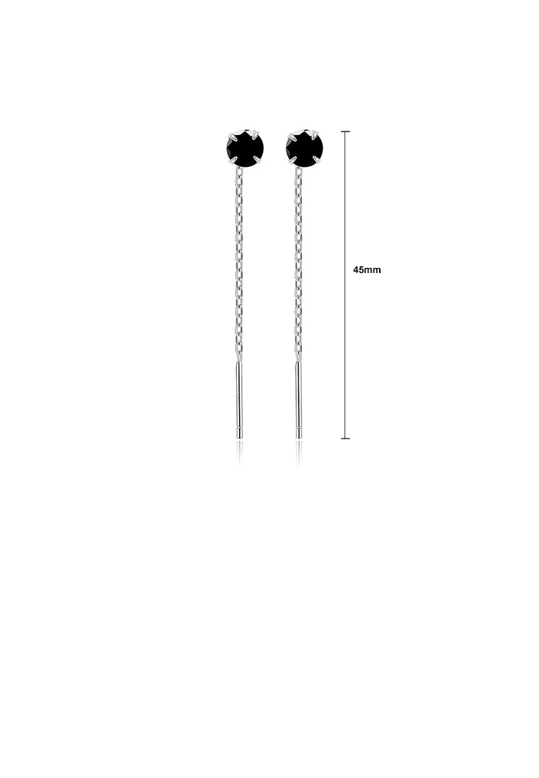 925 Sterling Silver Simple Fashion Geometric Round Tassel Earrings with Black Cubic Zirconia - Luxurious Look
