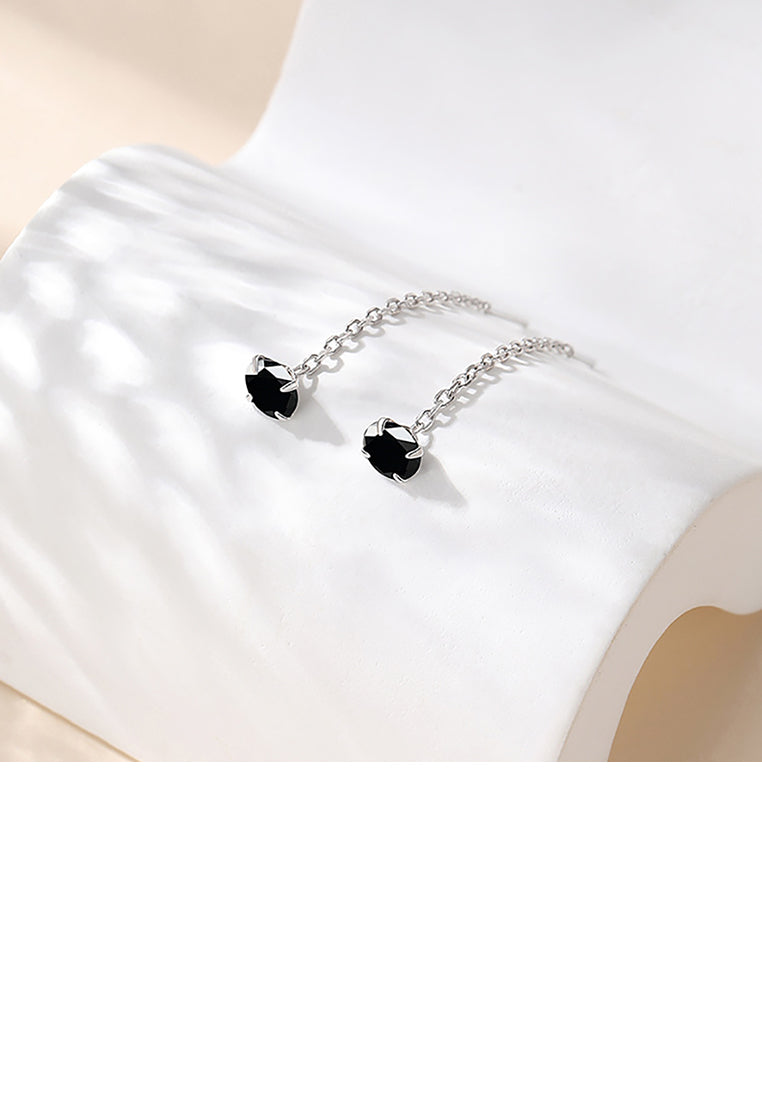 925 Sterling Silver Simple Fashion Geometric Round Tassel Earrings with Black Cubic Zirconia - Luxurious Look