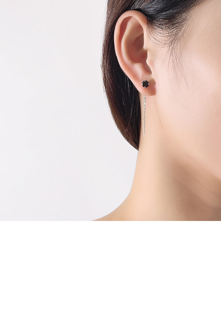 925 Sterling Silver Simple Fashion Geometric Round Tassel Earrings with Black Cubic Zirconia - Luxurious Look