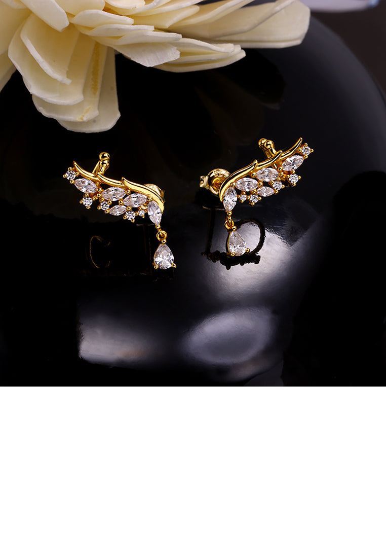 925 Sterling Silver Plated Gold Fashion Bright Angel Wing Stud Earrings with Cubic Zirconia - Luxurious Look