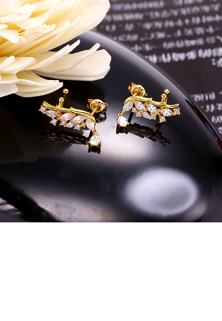 925 Sterling Silver Plated Gold Fashion Bright Angel Wing Stud Earrings with Cubic Zirconia - Luxurious Look