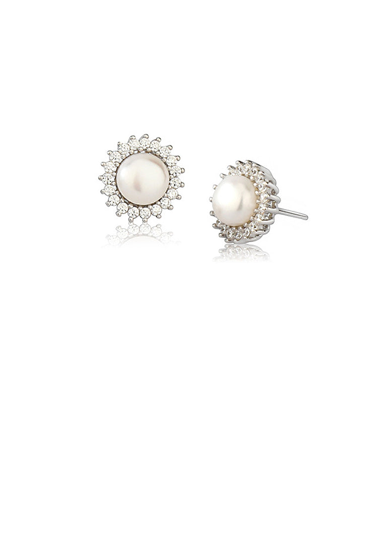 925 Sterling Silver Fashion and Elegant Sun White Freshwater Pearl Earrings with Cubic Zirconia - Luxurious Look