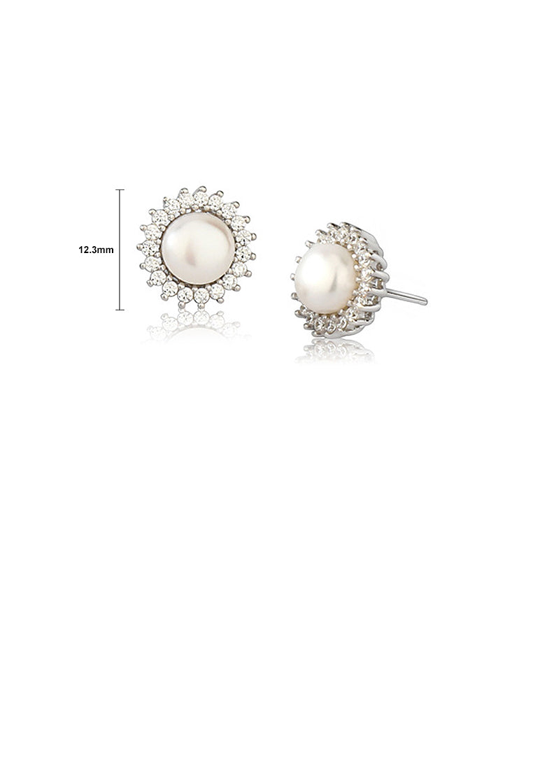 925 Sterling Silver Fashion and Elegant Sun White Freshwater Pearl Earrings with Cubic Zirconia - Luxurious Look