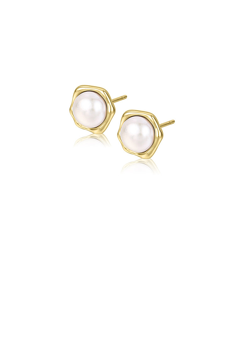 925 Sterling Silver Plated Gold Simple Temperament Geometric Freshwater Pearl Stud Earrings - Luxurious Look