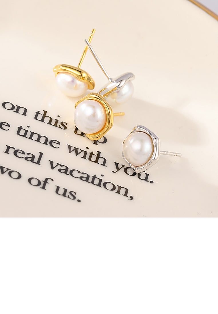 925 Sterling Silver Plated Gold Simple Temperament Geometric Freshwater Pearl Stud Earrings - Luxurious Look