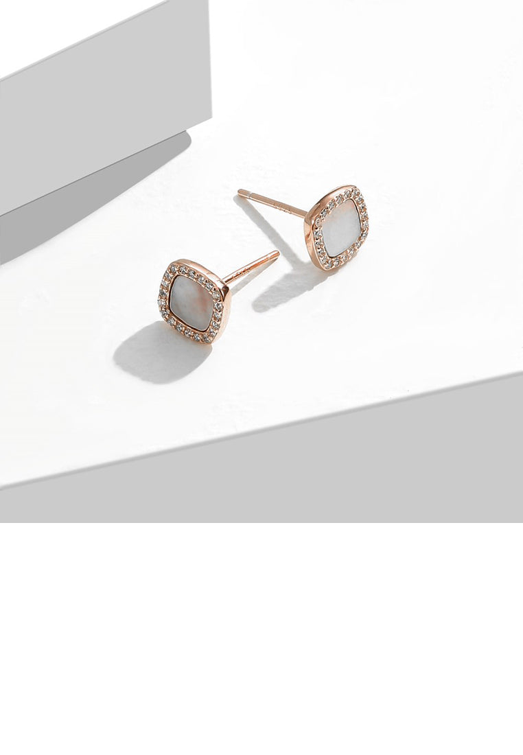 925 Sterling Silver Plated Rose Gold Simple Temperament Geometric Square Stud Earrings with Cubic Zirconia - Luxurious Look