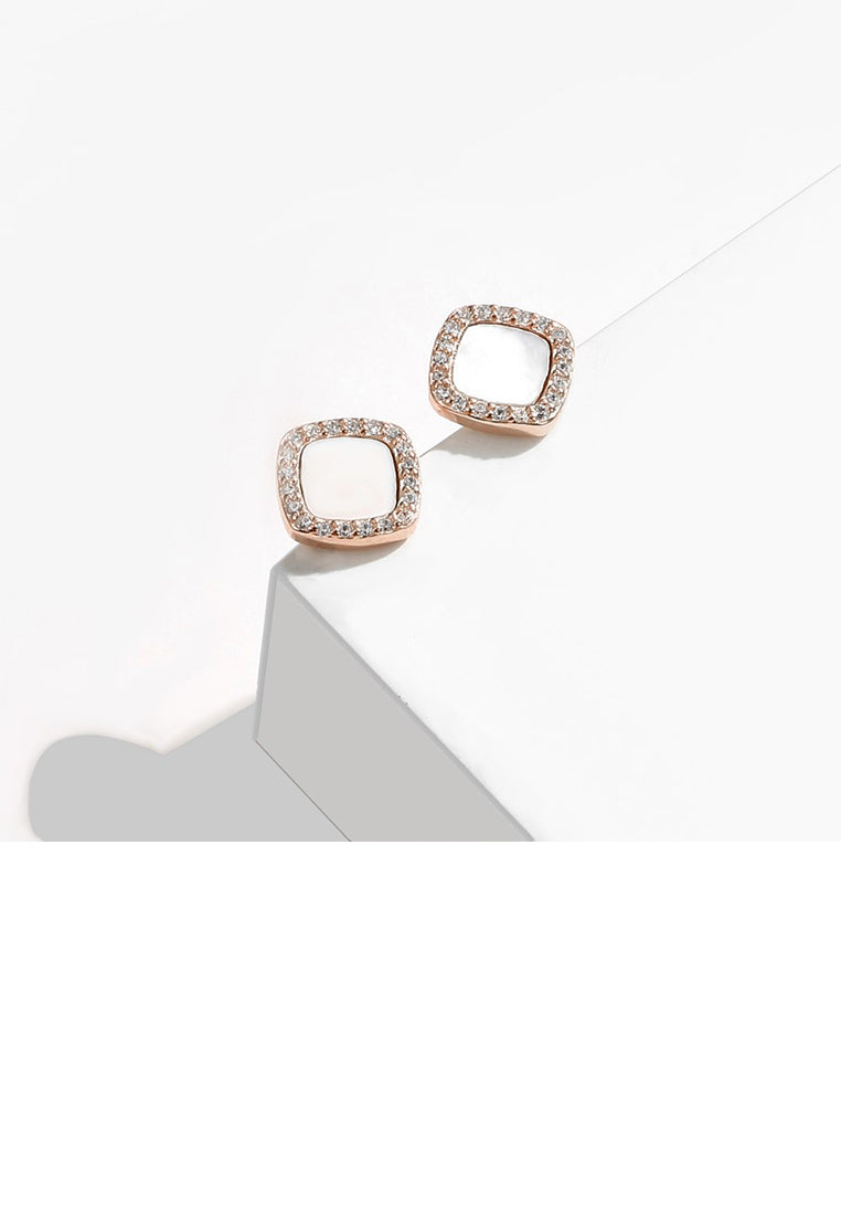 925 Sterling Silver Plated Rose Gold Simple Temperament Geometric Square Stud Earrings with Cubic Zirconia - Luxurious Look
