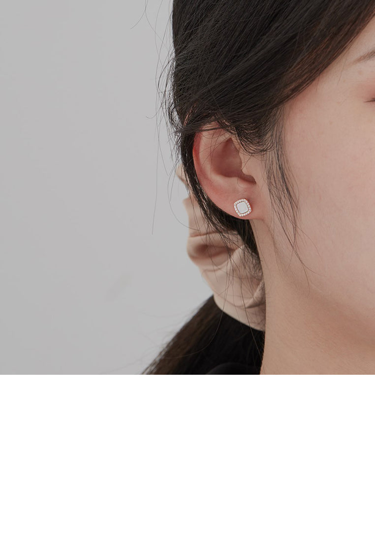 925 Sterling Silver Plated Rose Gold Simple Temperament Geometric Square Stud Earrings with Cubic Zirconia - Luxurious Look