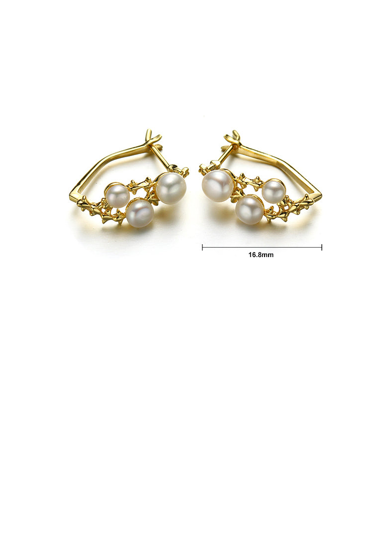 925 Sterling Silver Plated Gold Fashion and Elegant Geometric Freshwater Pearl Stud Earrings - Luxurious Look