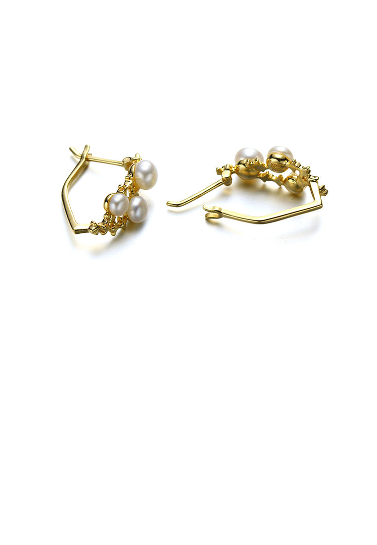 925 Sterling Silver Plated Gold Fashion and Elegant Geometric Freshwater Pearl Stud Earrings - Luxurious Look