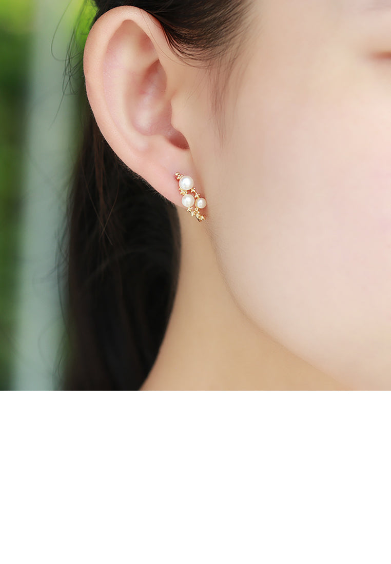 925 Sterling Silver Plated Gold Fashion and Elegant Geometric Freshwater Pearl Stud Earrings - Luxurious Look