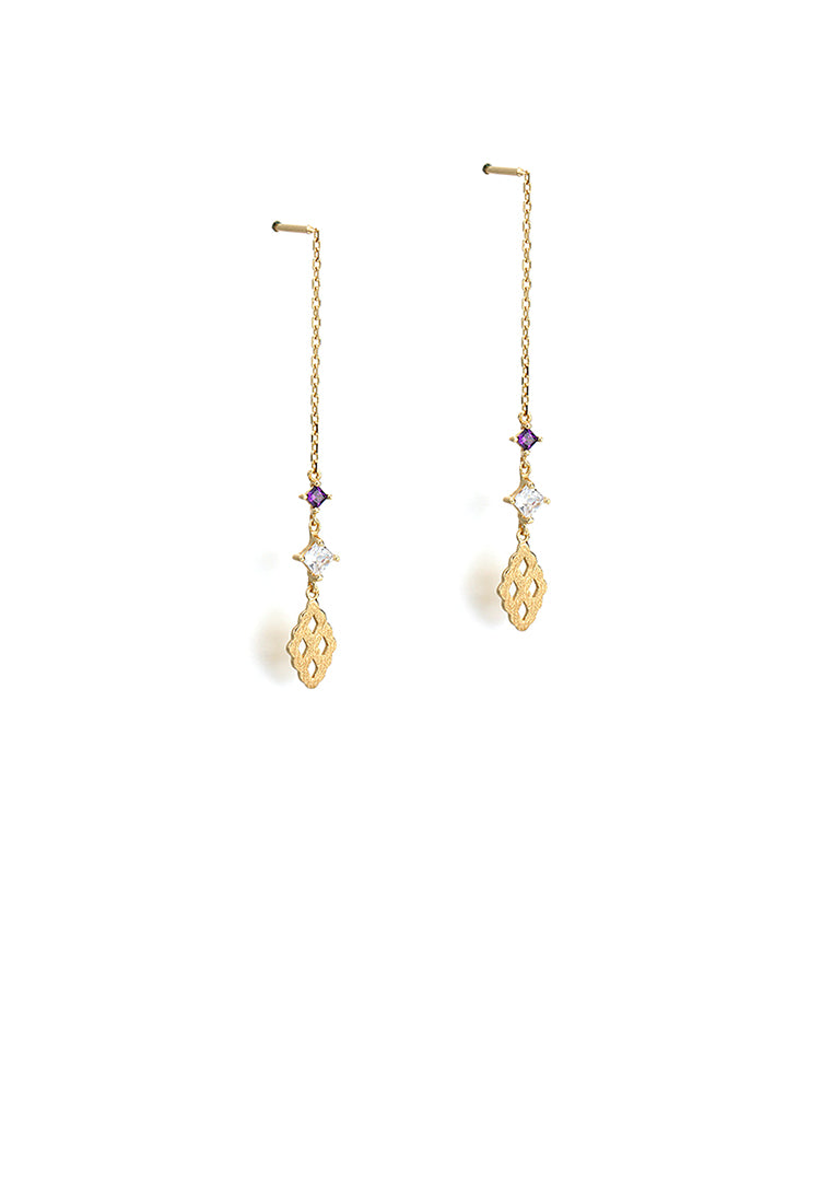 925 Sterling Silver Plated Gold Fashion Simple Pattern Geometric Rhombus Tassel Earrings with Cubic Zirconia - Luxurious Look