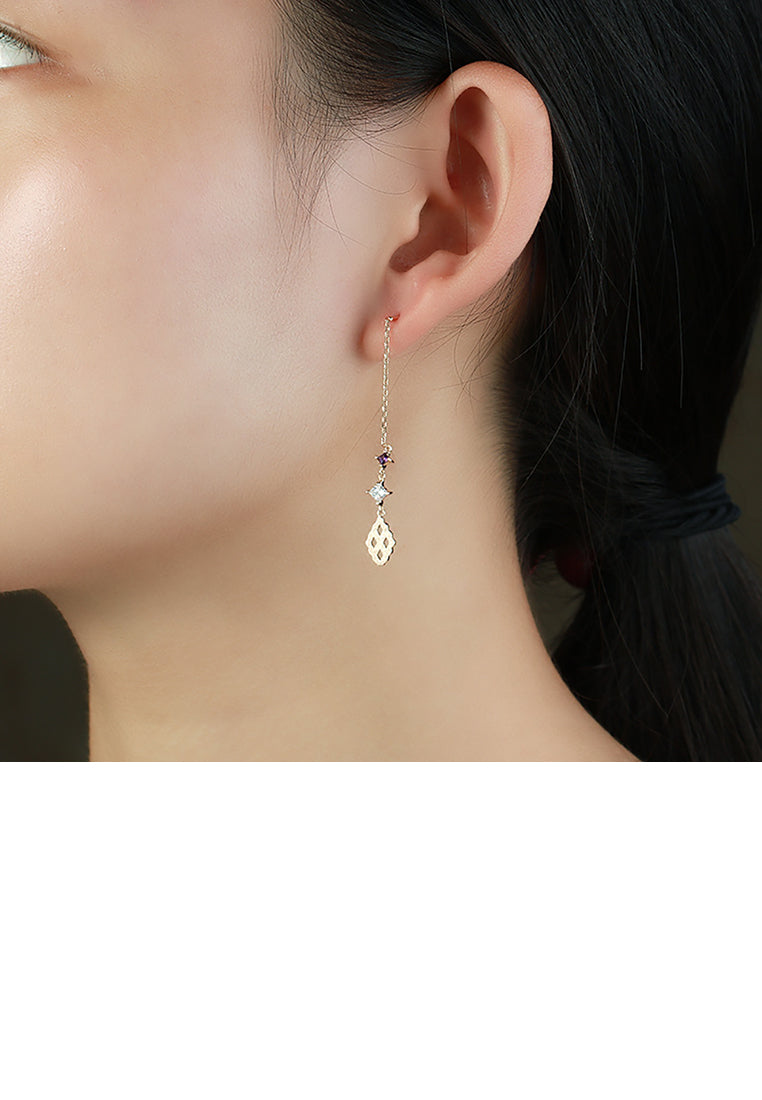 925 Sterling Silver Plated Gold Fashion Simple Pattern Geometric Rhombus Tassel Earrings with Cubic Zirconia - Luxurious Look