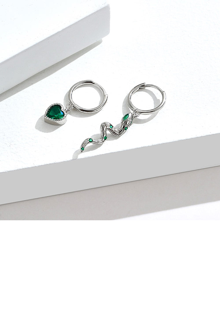 925 Sterling Silver Fashion Creative Heart-shaped Snake Asymmetric Earrings with Cubic Zirconia - Luxurious Look