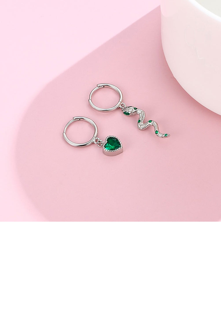 925 Sterling Silver Fashion Creative Heart-shaped Snake Asymmetric Earrings with Cubic Zirconia - Luxurious Look
