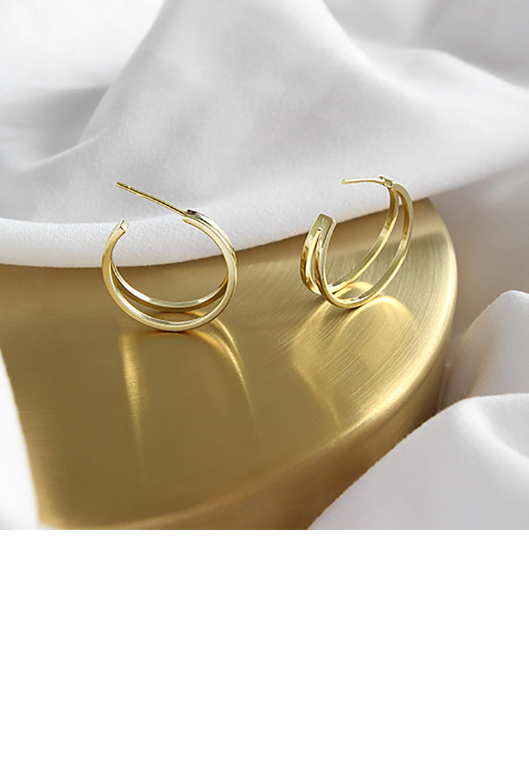 925 Sterling Silver Plated Gold Fashion Temperament Double Geometric Line Circle Stud Earrings