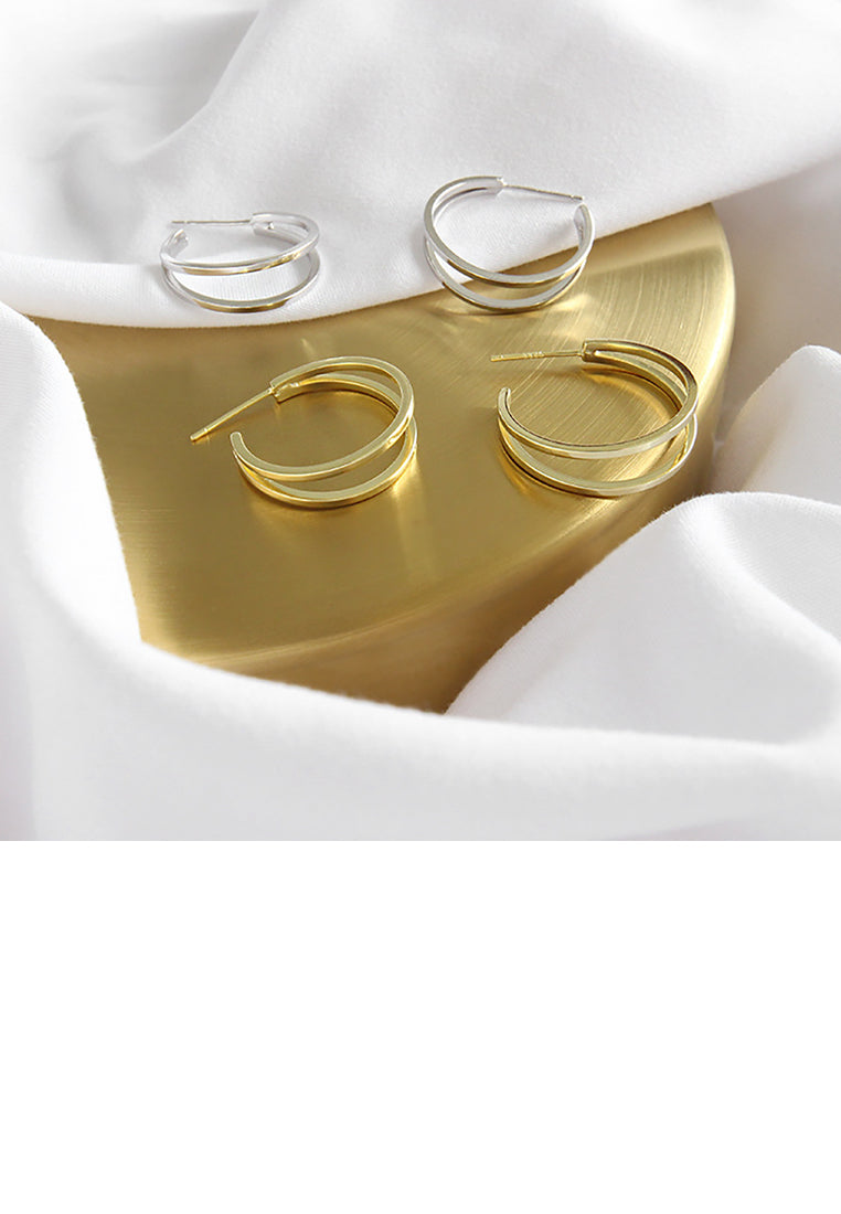 925 Sterling Silver Plated Gold Fashion Temperament Double Geometric Line Circle Stud Earrings