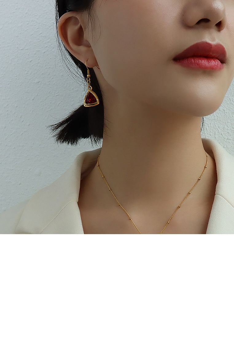 Fashion Elegant Plated Gold 316L Stainless Steel Triangle Red Cubic Zirconia Earrings - Luxurious Look - Vibrant Color