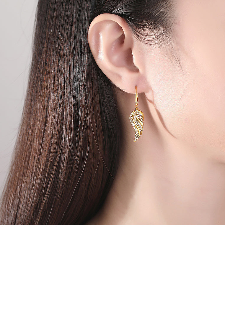 Fashion Simple Plated Gold Feather Earrings with Cubic Zirconia - Luxurious Look