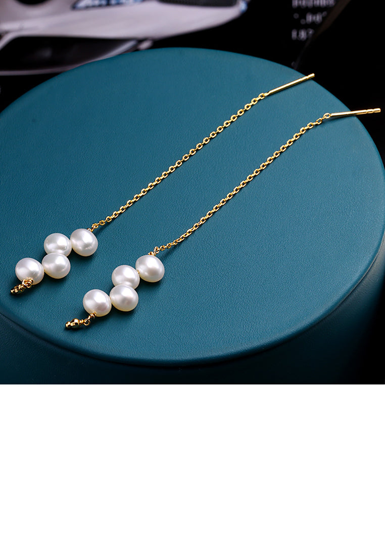 925 Sterling Silver Plated Gold Simple Temperament Tassel Freshwater Pearl Earrings - Luxurious Look