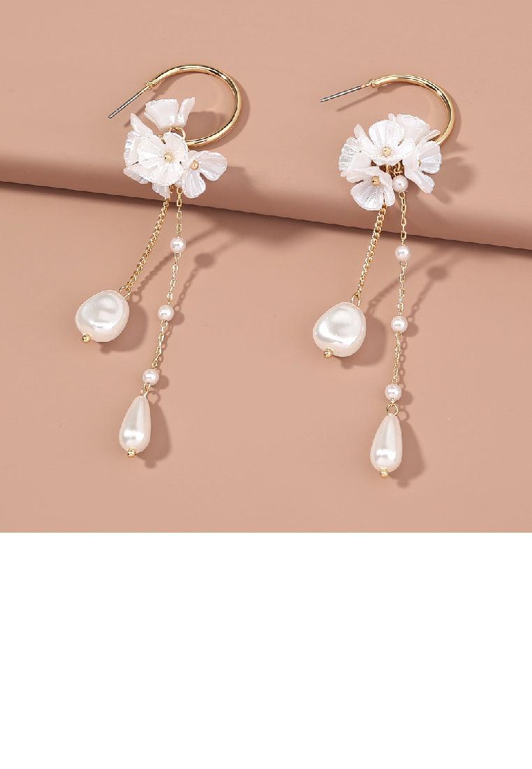 Fashion and Elegant Plated Gold Flower Tassel Imitation Pearl C-shape Circle Earrings - Luxurious Look