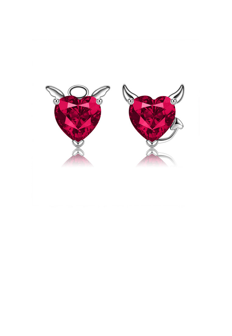 925 Sterling Silver Simple Creative Angel and Devil Heart-shaped Stud Earrings with Red Cubic Zirconia - Luxurious Look - Vibrant Color