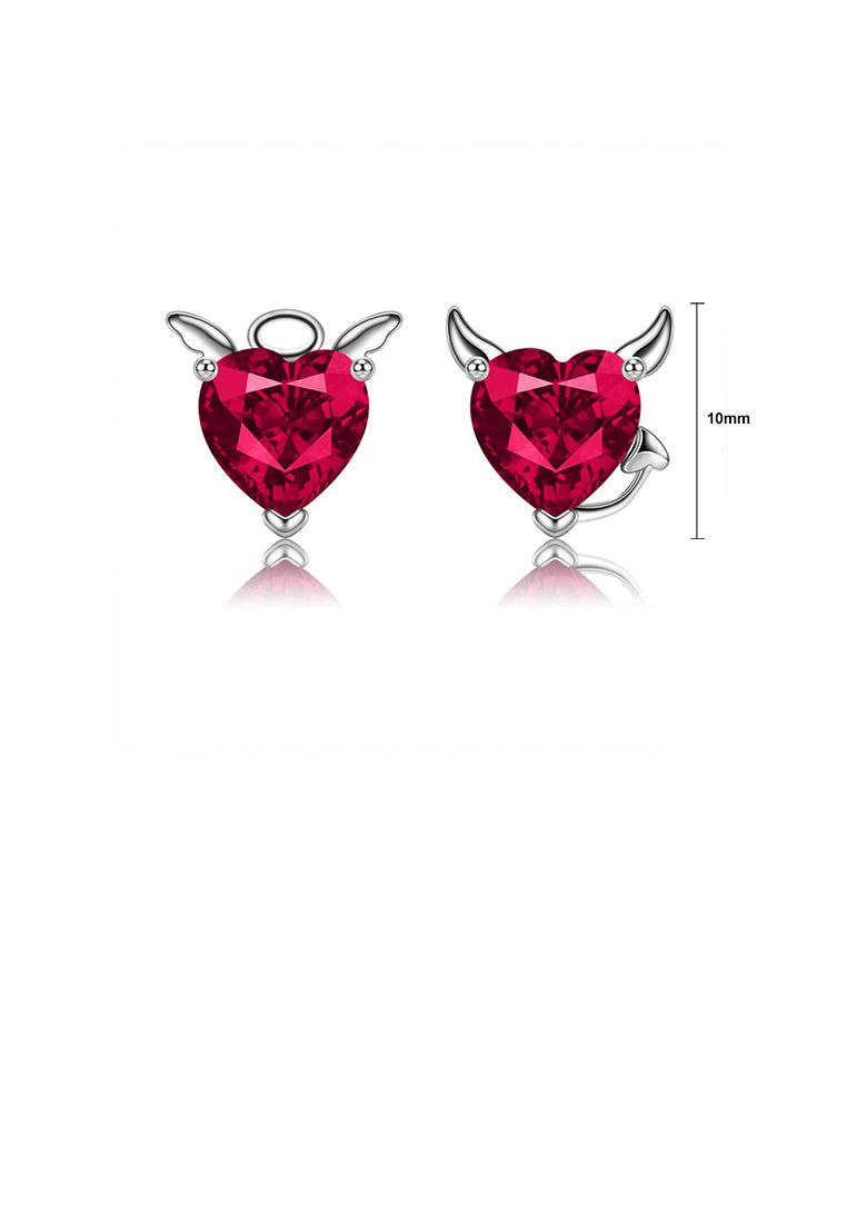 925 Sterling Silver Simple Creative Angel and Devil Heart-shaped Stud Earrings with Red Cubic Zirconia - Luxurious Look - Vibrant Color