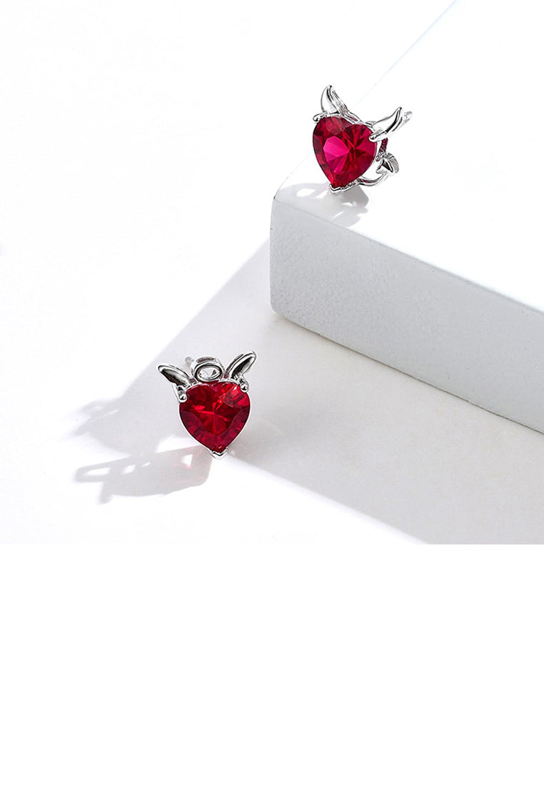 925 Sterling Silver Simple Creative Angel and Devil Heart-shaped Stud Earrings with Red Cubic Zirconia - Luxurious Look - Vibrant Color