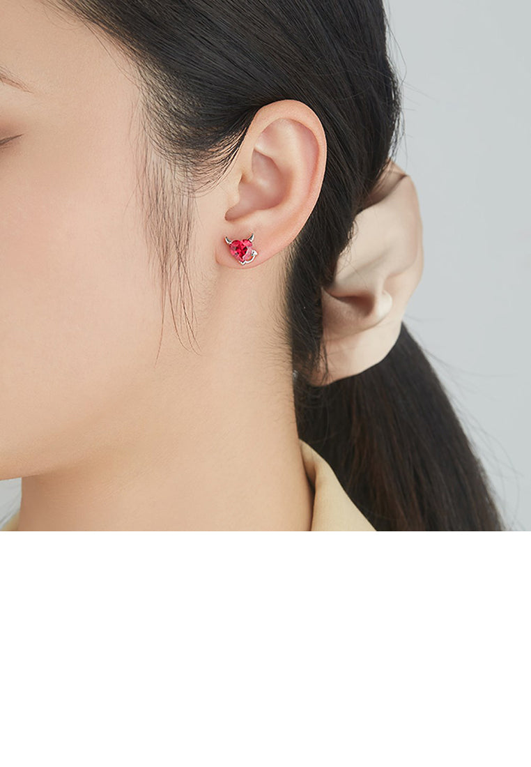 925 Sterling Silver Simple Creative Angel and Devil Heart-shaped Stud Earrings with Red Cubic Zirconia - Luxurious Look - Vibrant Color