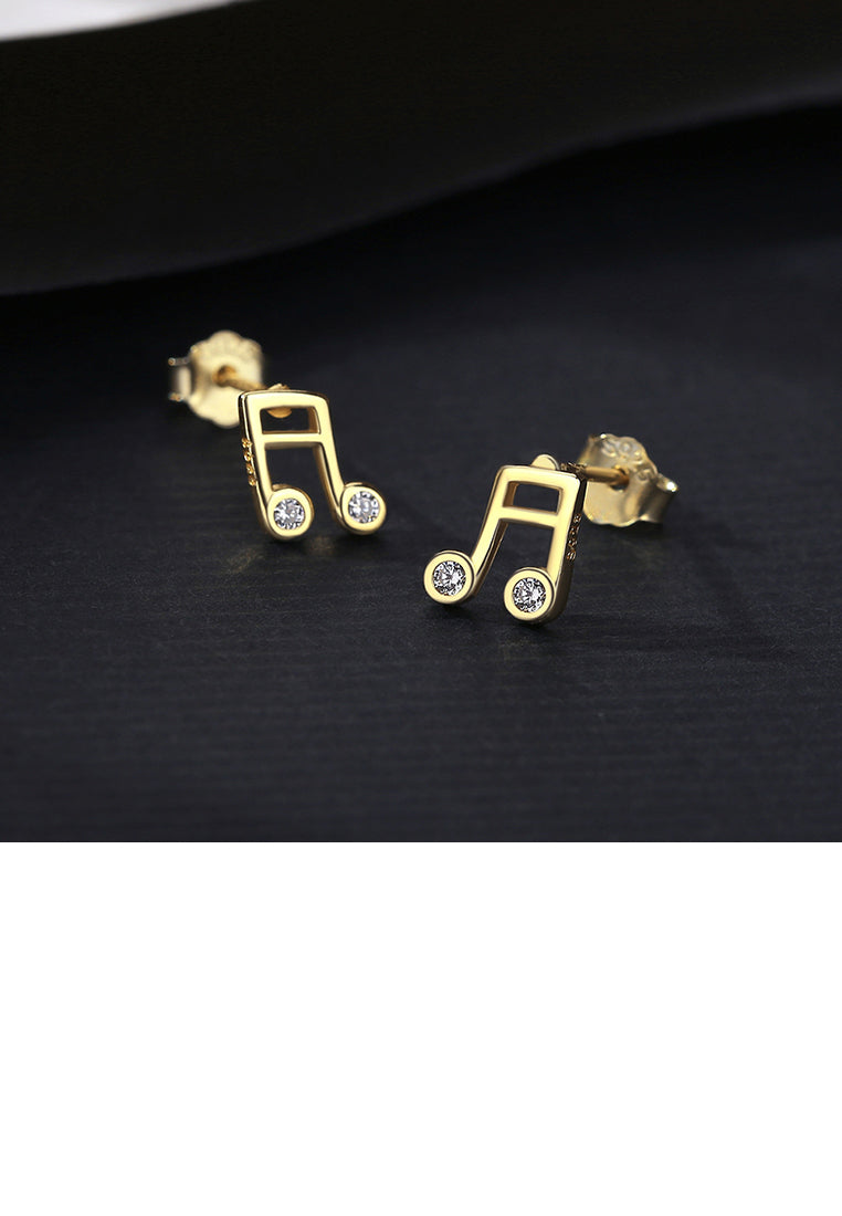 925 Sterling Silver Plated Gold Fashion Personalized Music Note Stud Earrings with Cubic Zirconia - Luxurious Look