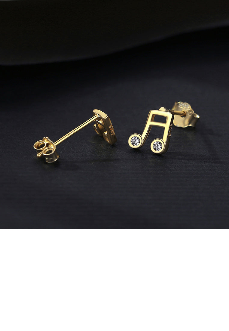 925 Sterling Silver Plated Gold Fashion Personalized Music Note Stud Earrings with Cubic Zirconia - Luxurious Look