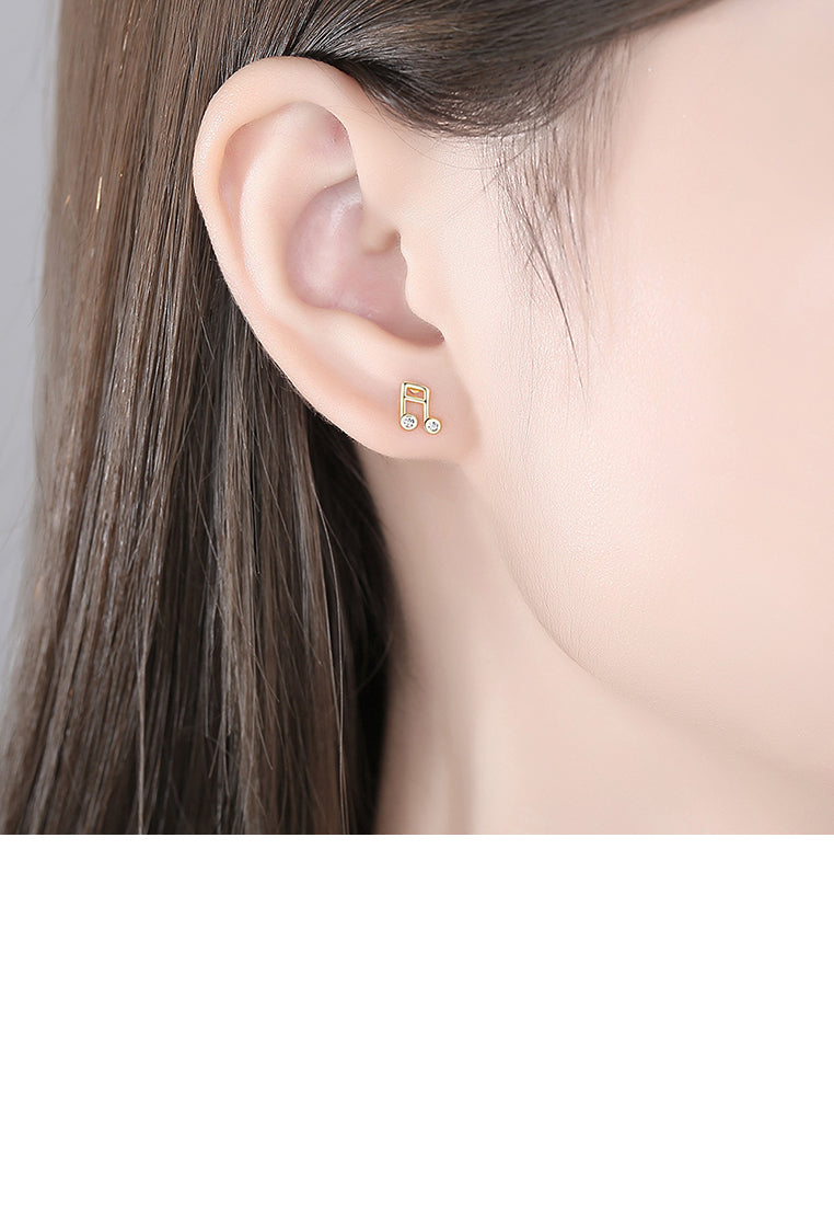 925 Sterling Silver Plated Gold Fashion Personalized Music Note Stud Earrings with Cubic Zirconia - Luxurious Look