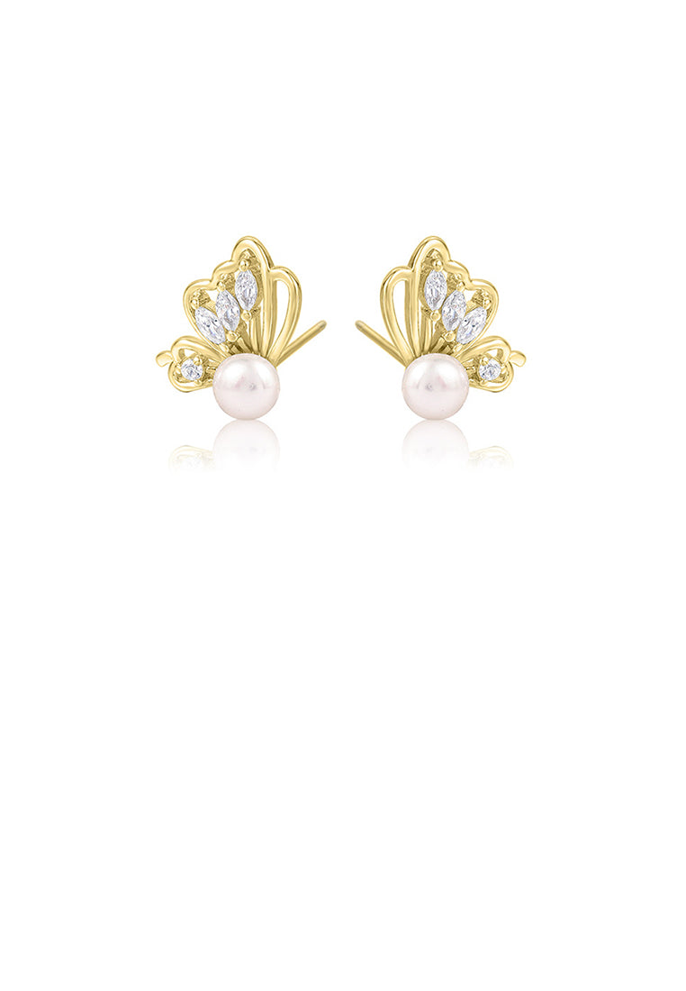 925 Sterling Silver Fashion and Elegant Plated Gold Butterfly Freshwater Pearl Stud Earrings with Cubic Zirconia - Luxurious Look