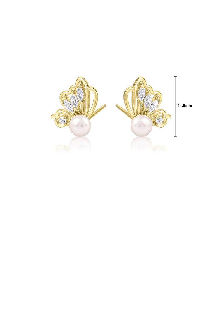 925 Sterling Silver Fashion and Elegant Plated Gold Butterfly Freshwater Pearl Stud Earrings with Cubic Zirconia - Luxurious Look