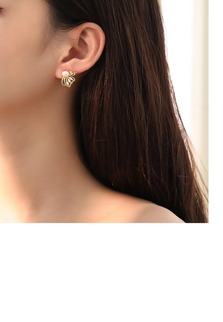 925 Sterling Silver Fashion and Elegant Plated Gold Butterfly Freshwater Pearl Stud Earrings with Cubic Zirconia - Luxurious Look
