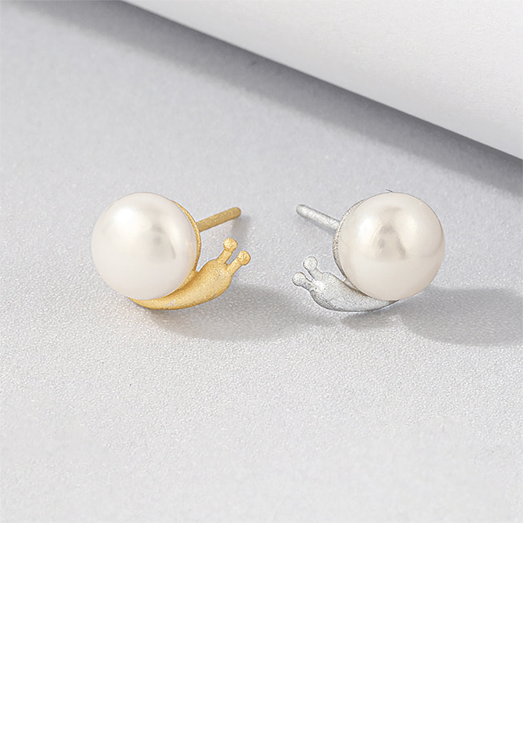 925 Sterling Silver Plated Gold Simple and Cute Snail Freshwater Pearl Stud Earrings - Luxurious Look