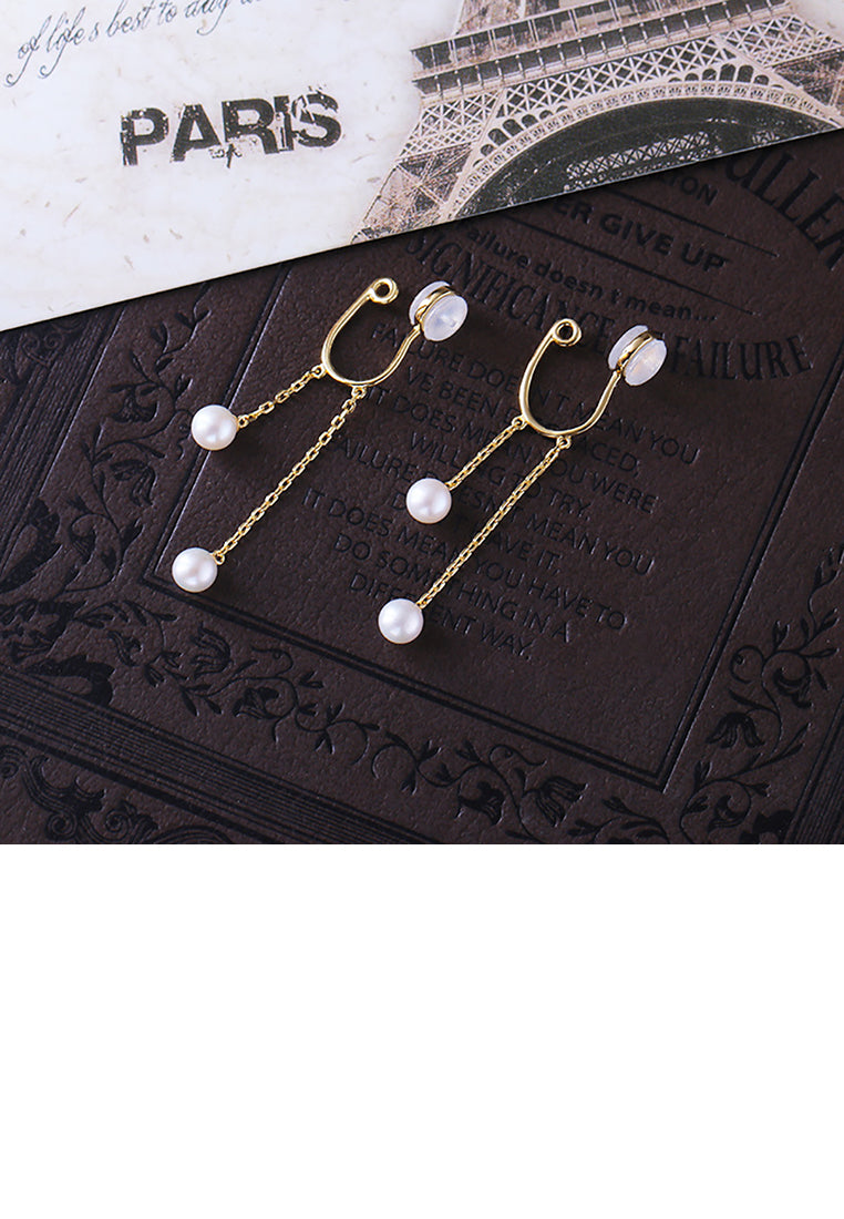 925 Sterling Silver Plated Gold Simple Temperament U-shaped Tassel Freshwater Pearl Ear Clip - Luxurious Look
