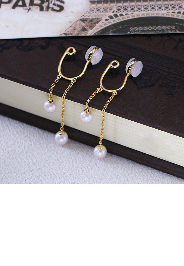 925 Sterling Silver Plated Gold Simple Temperament U-shaped Tassel Freshwater Pearl Ear Clip - Luxurious Look