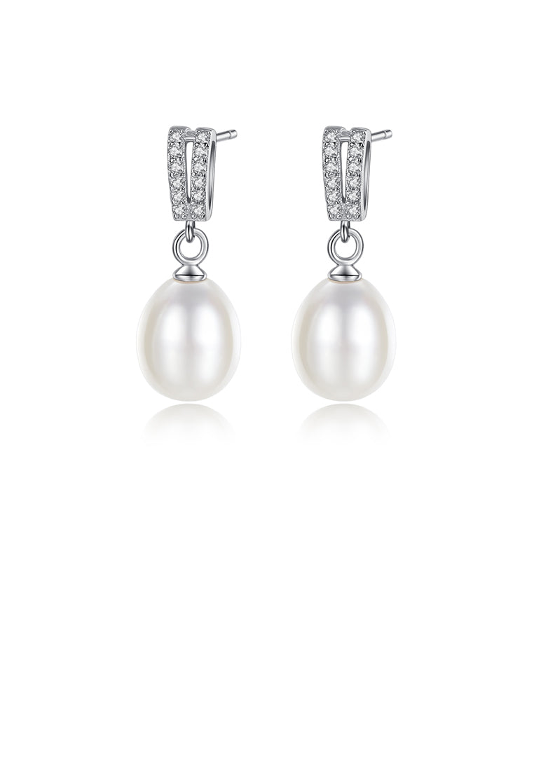 925 Sterling Silver Classic Simple White Freshwater Pearl Earrings with Cubic Zirconia - Luxurious Look