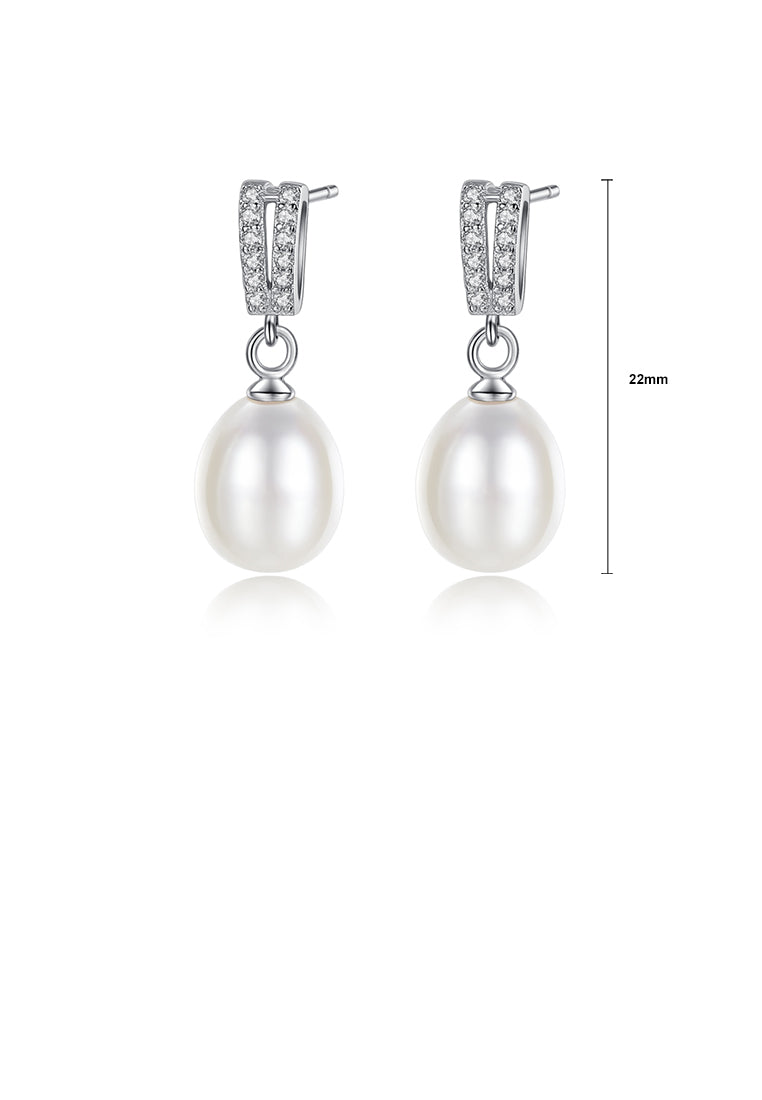 925 Sterling Silver Classic Simple White Freshwater Pearl Earrings with Cubic Zirconia - Luxurious Look