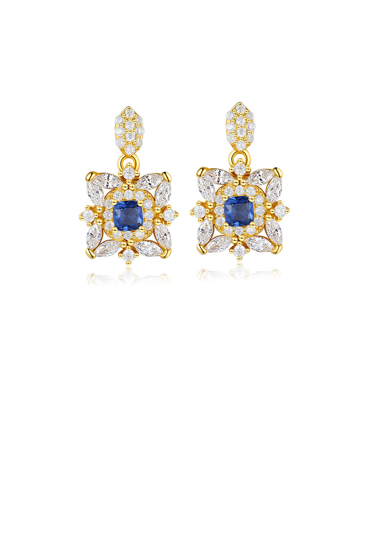 925 Sterling Silver Plated Gold Fashion Bright Geometric Pattern Earrings with Blue Cubic Zirconia - Luxurious Look
